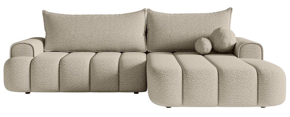Canapé d'angle droit Dandelino avec fonction couchage et coffre, tissu boucle beige clair