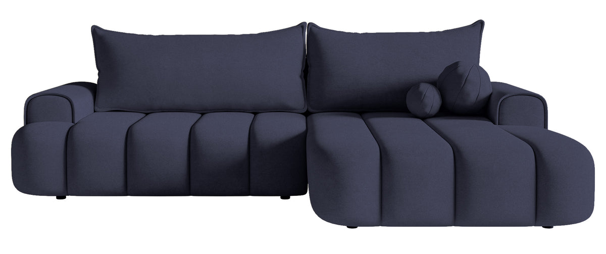Canapé d'angle Dandelino en velours bleu marine, fonction couchage, angle droit avec coffre de rangement