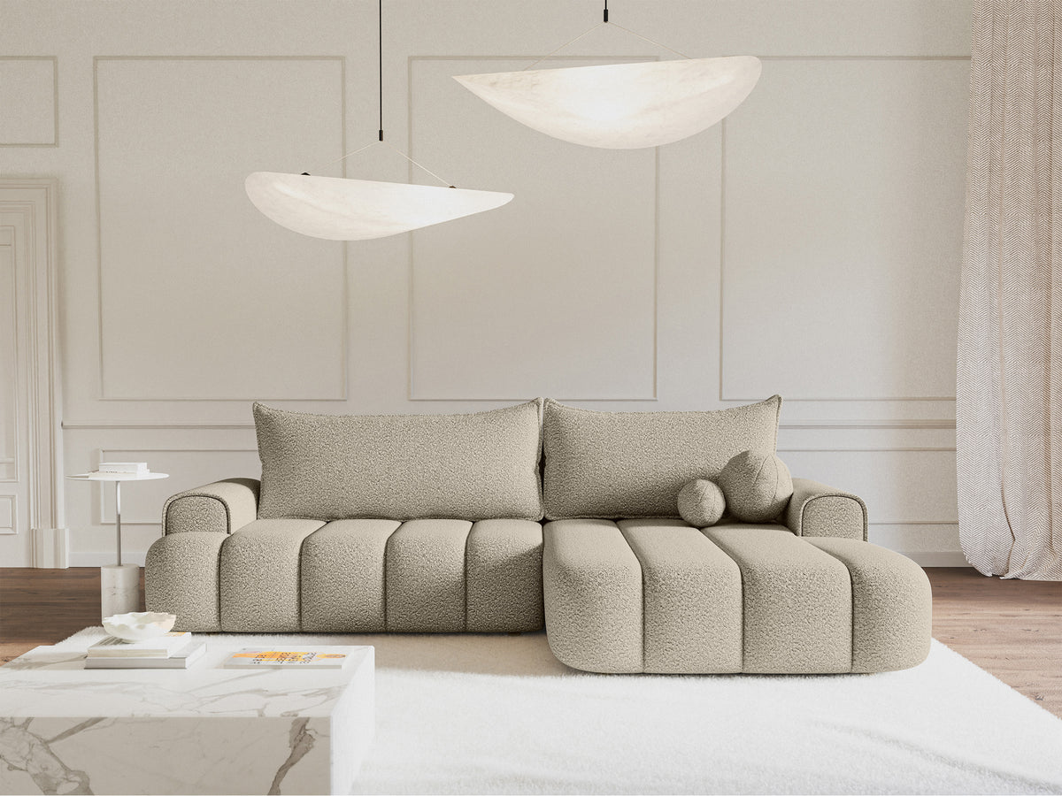 Canapé d'angle droit Dandelino avec fonction couchage et coffre, tissu boucle beige clair