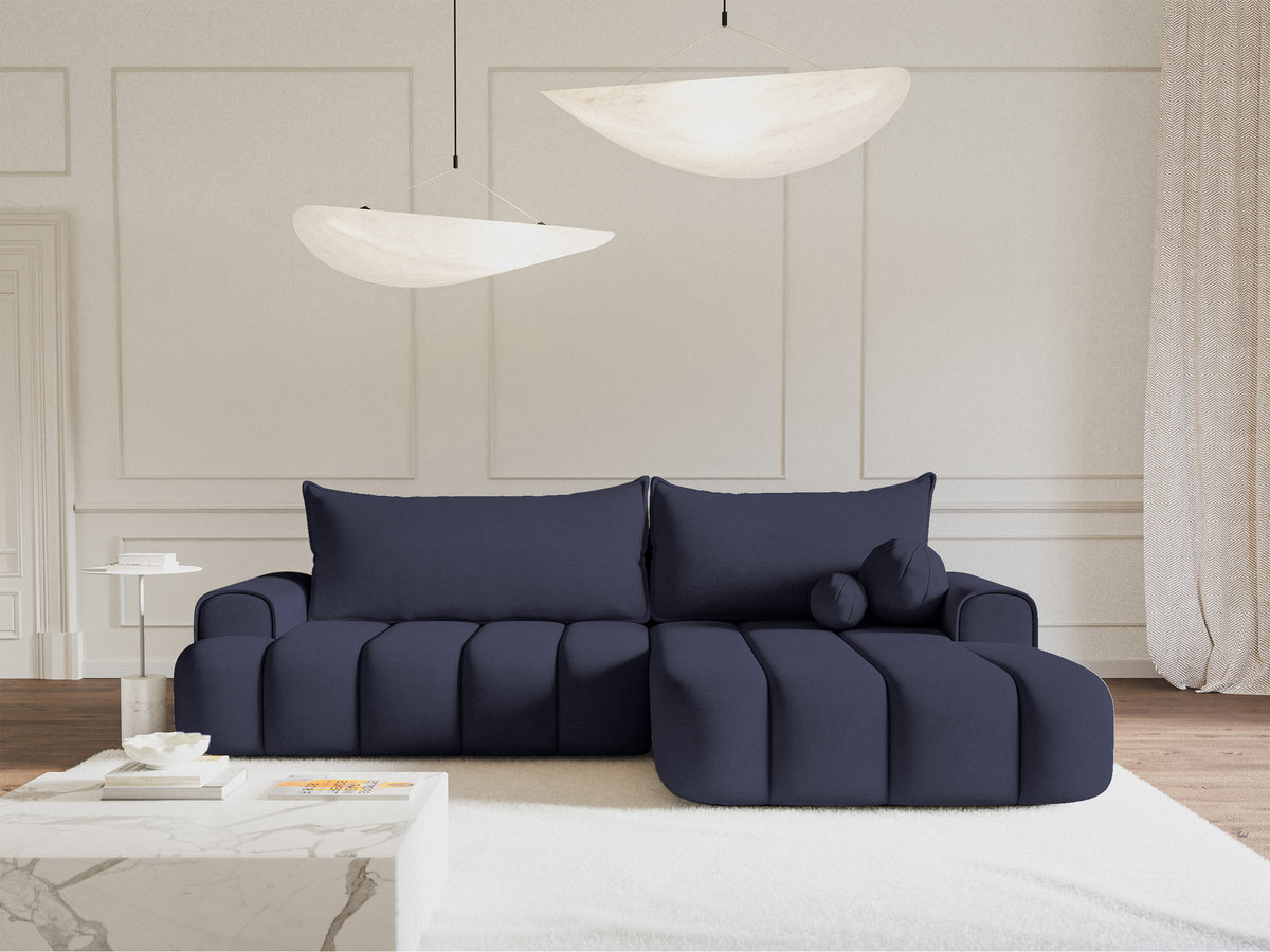 Canapé d'angle Dandelino en velours bleu marine, fonction couchage, angle droit avec coffre de rangement