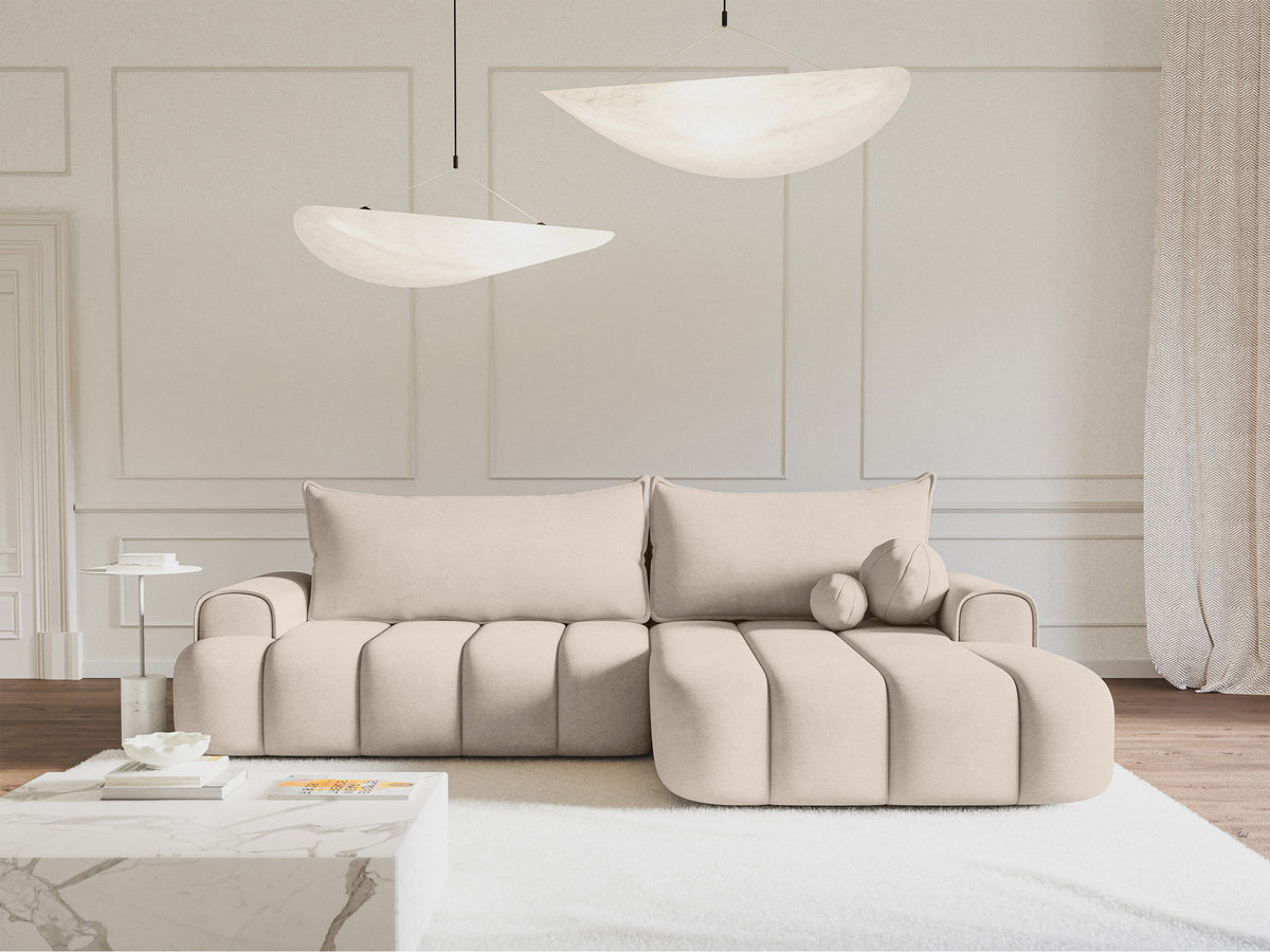 Ecksofa mit Schlaffunktion Dandelino, L-Form, rechtsseitig, mit Stauraum, grau-beiger Samtstoff