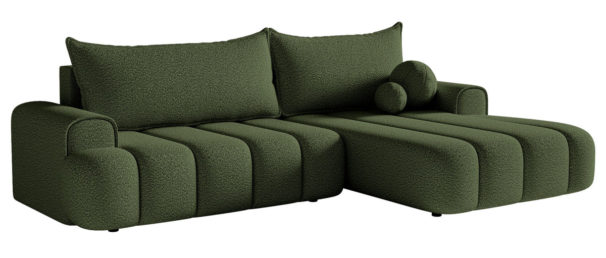 Ecksofa mit Schlaffunktion Dandelino, L-förmig, rechtsseitig, mit Stauraum, khaki Bouclé