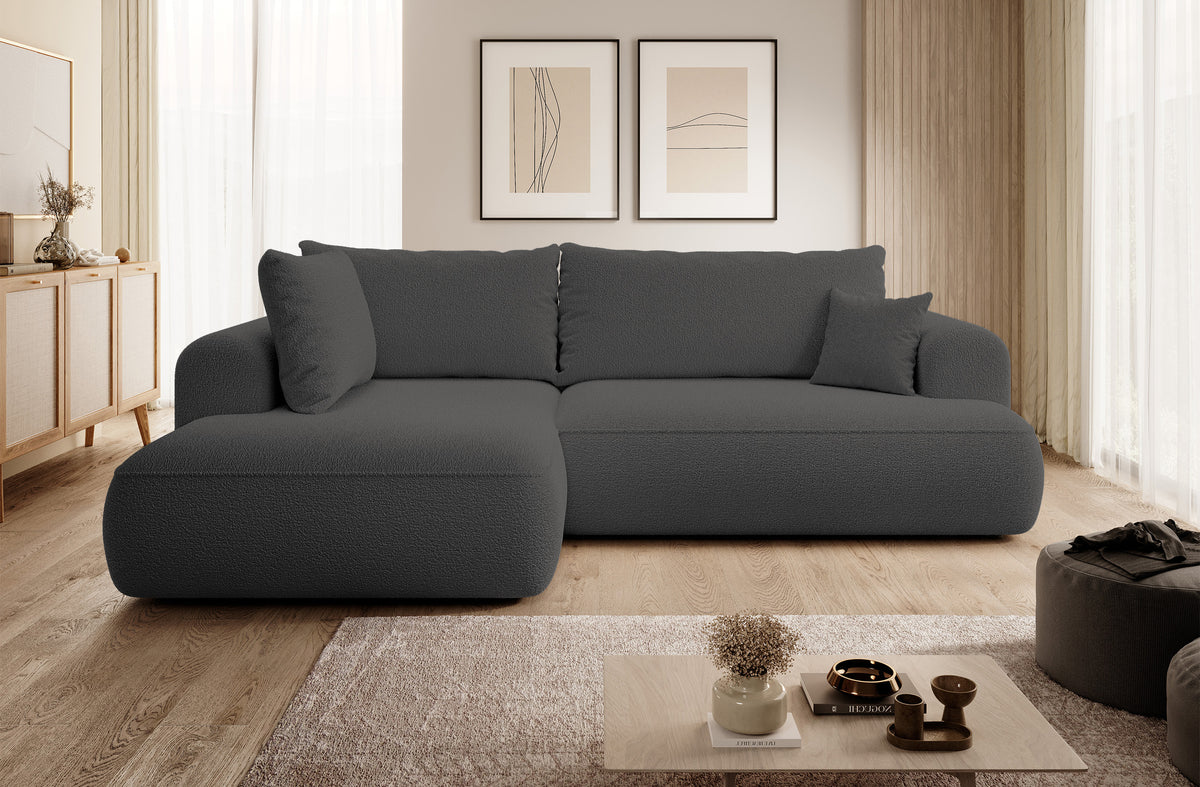 Canapé d'angle avec fonction couchage Ovo en L, accoudoir et coffre de rangement, boucle gris foncé, côté gauche