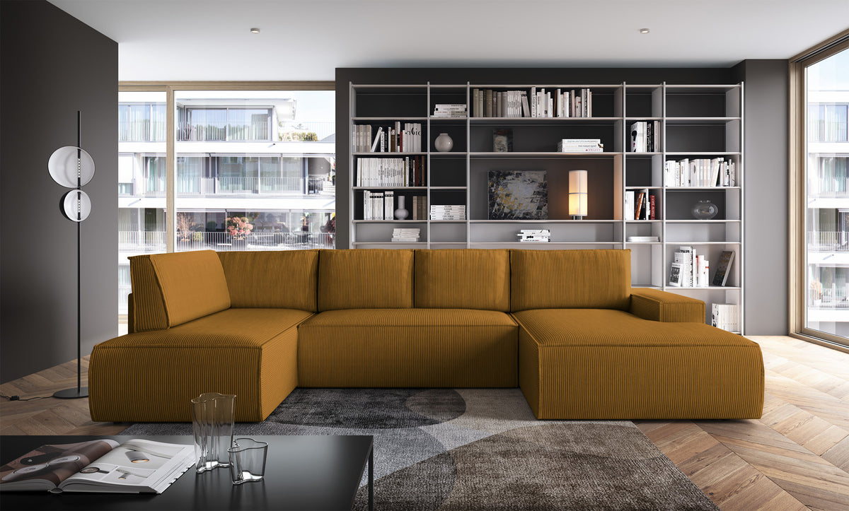 Canapé d'angle avec fonction couchage Farese New en U, avec coffre de rangement, droit, velours côtelé moutarde