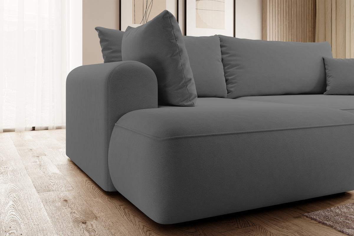 Ecksofa mit Schlaf-Funktion Ovo, L-förmig, mit Armlehne und Stauraum, dunkelgrauer, pflegeleichter Samt, linksseitig