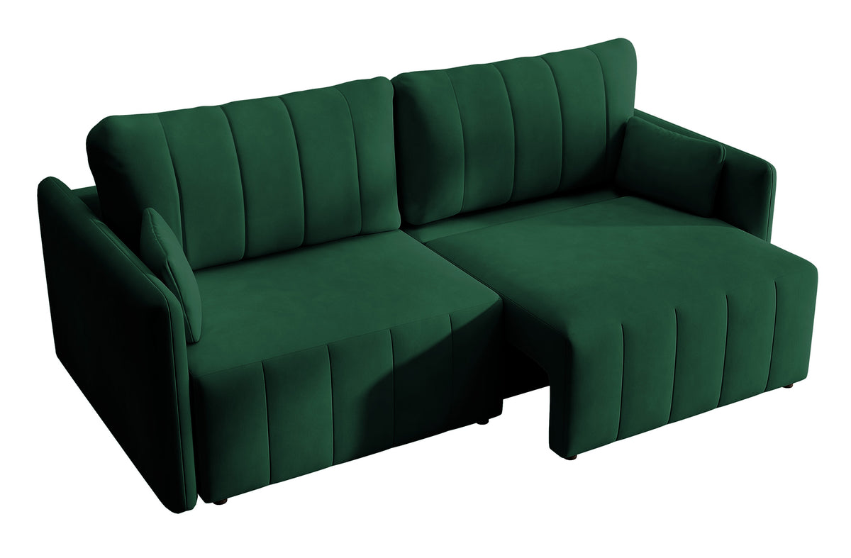 Canapé d'angle convertible Pierra avec coffre, velours hydrofuge vert foncé