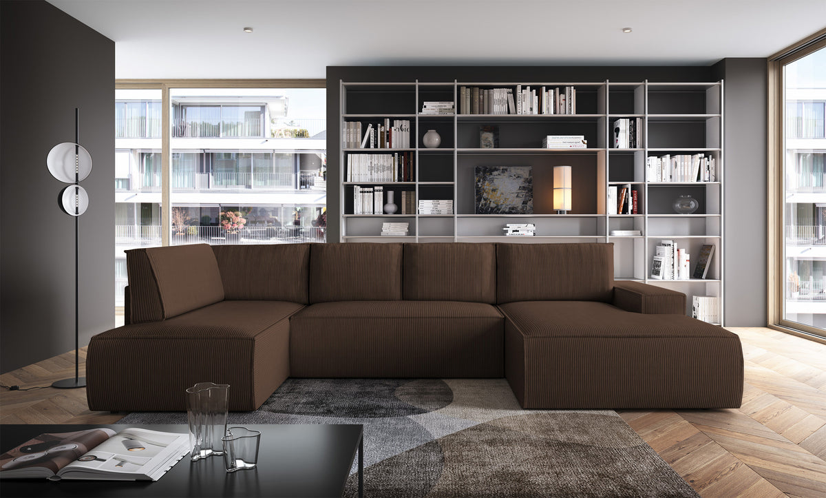 Canapé d'angle avec fonction couchage Farese New en U, coffre de rangement, droit, velours côtelé marron