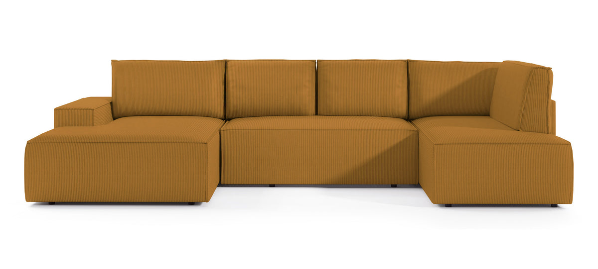 Canapé d'angle avec fonction couchage Farese New en U, avec coffre de rangement, côté gauche, velours côtelé moutarde