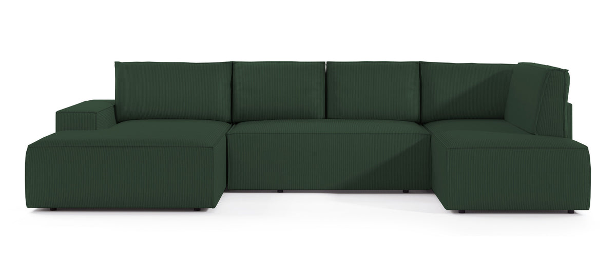 Canapé d'angle avec fonction couchage Farese New en U avec rangement, côté gauche, velours côtelé vert