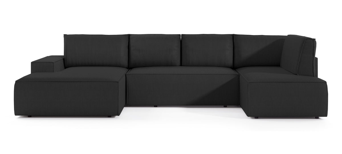 Canapé d'angle avec fonction couchage Farese New en U, avec coffre de rangement, côté gauche, velours côtelé noir