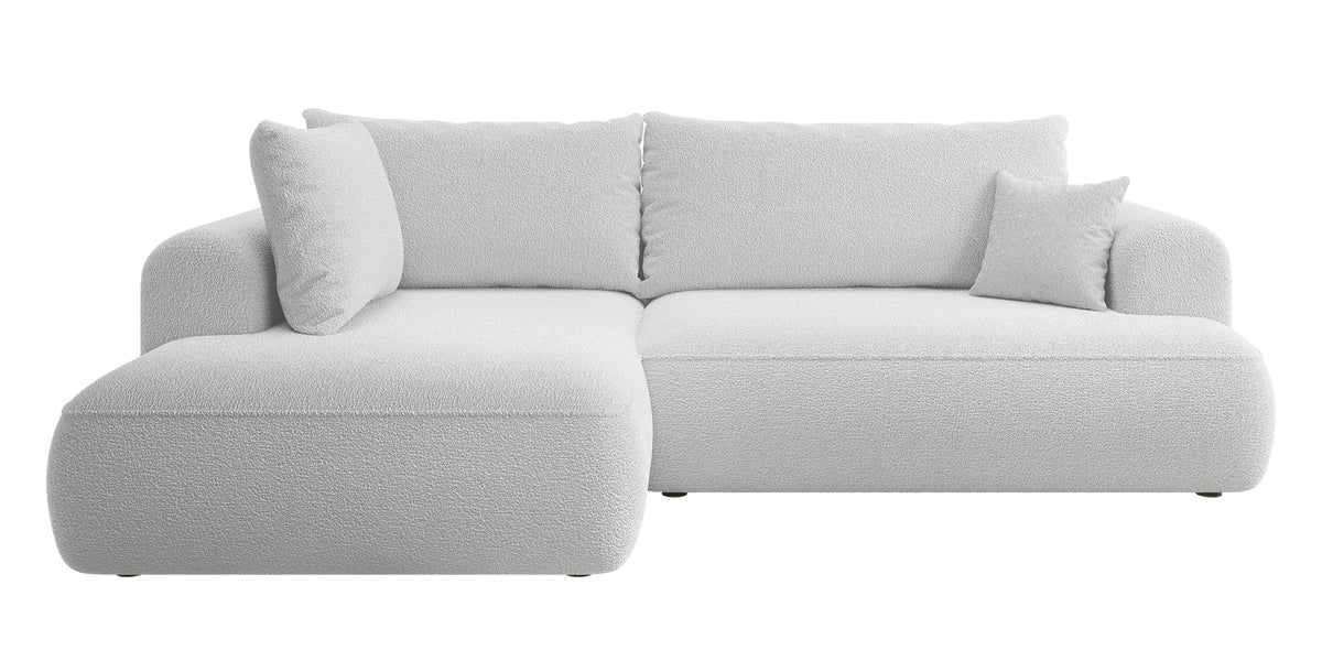 Canapé d'angle convertible Ovo en L avec accoudoir et coffre de rangement, tissu boucle gris, version gauche