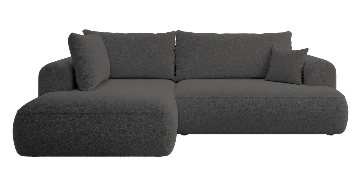 Canapé d'angle avec fonction couchage Ovo en L, accoudoir et coffre de rangement, boucle gris foncé, côté gauche