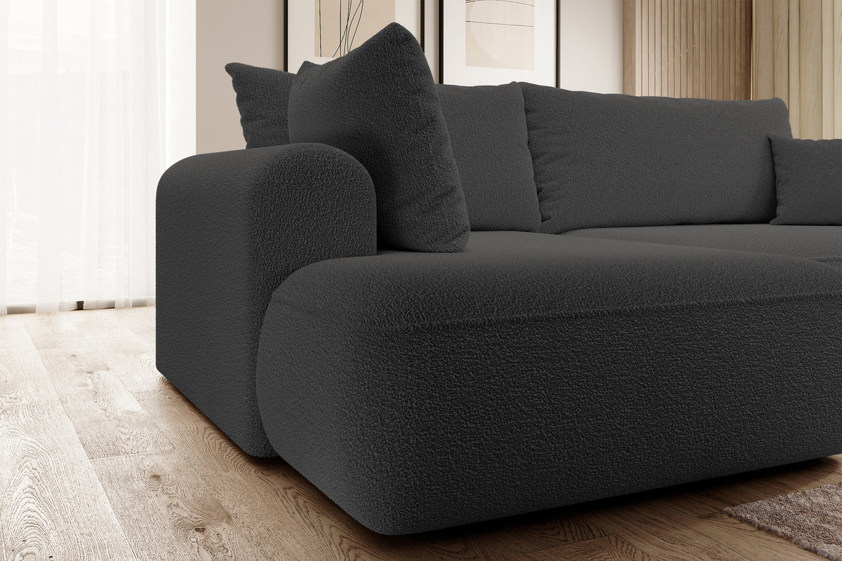 Canapé d'angle avec fonction couchage Ovo en L, accoudoir et coffre de rangement, boucle gris foncé, côté gauche