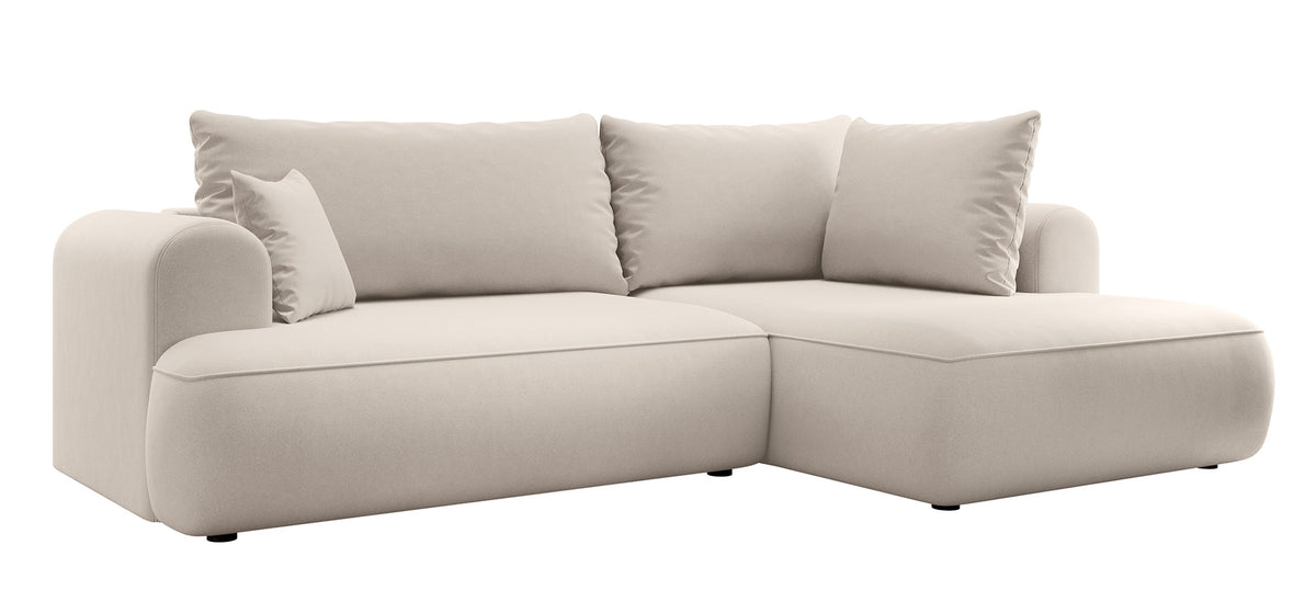 Ecksofa mit Schlaffunktion Ovo, L-förmig, mit Armlehne und Stauraum, hellbeiger, pflegeleichter Velours, rechtsseitig