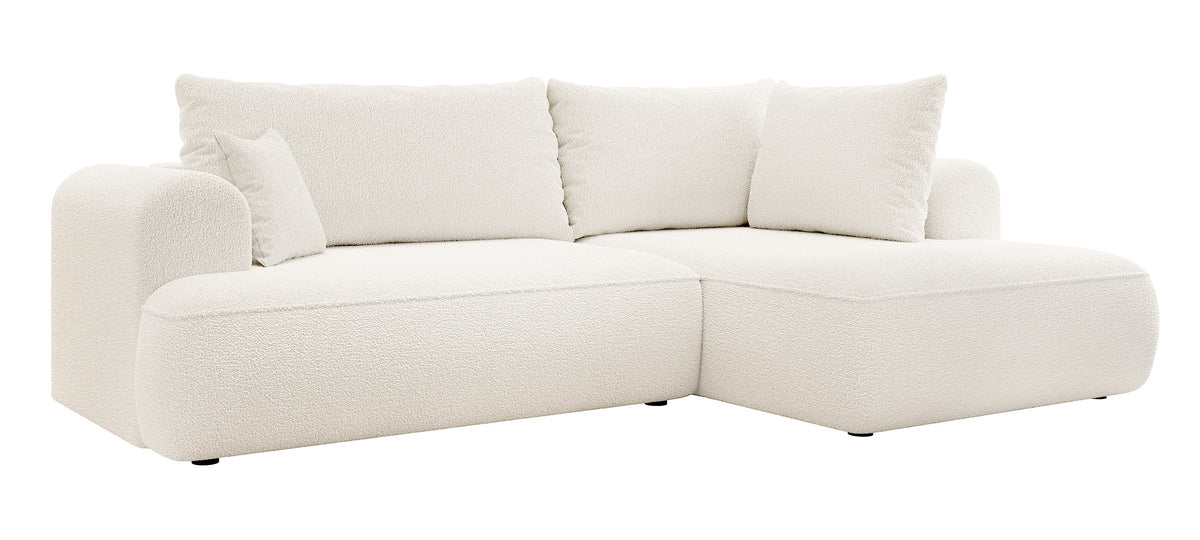 Ecksofa mit Schlaffunktion Ovo, L-förmig, mit Armlehne und Stauraum, cremefarbenes Bouclé, rechtsseitig