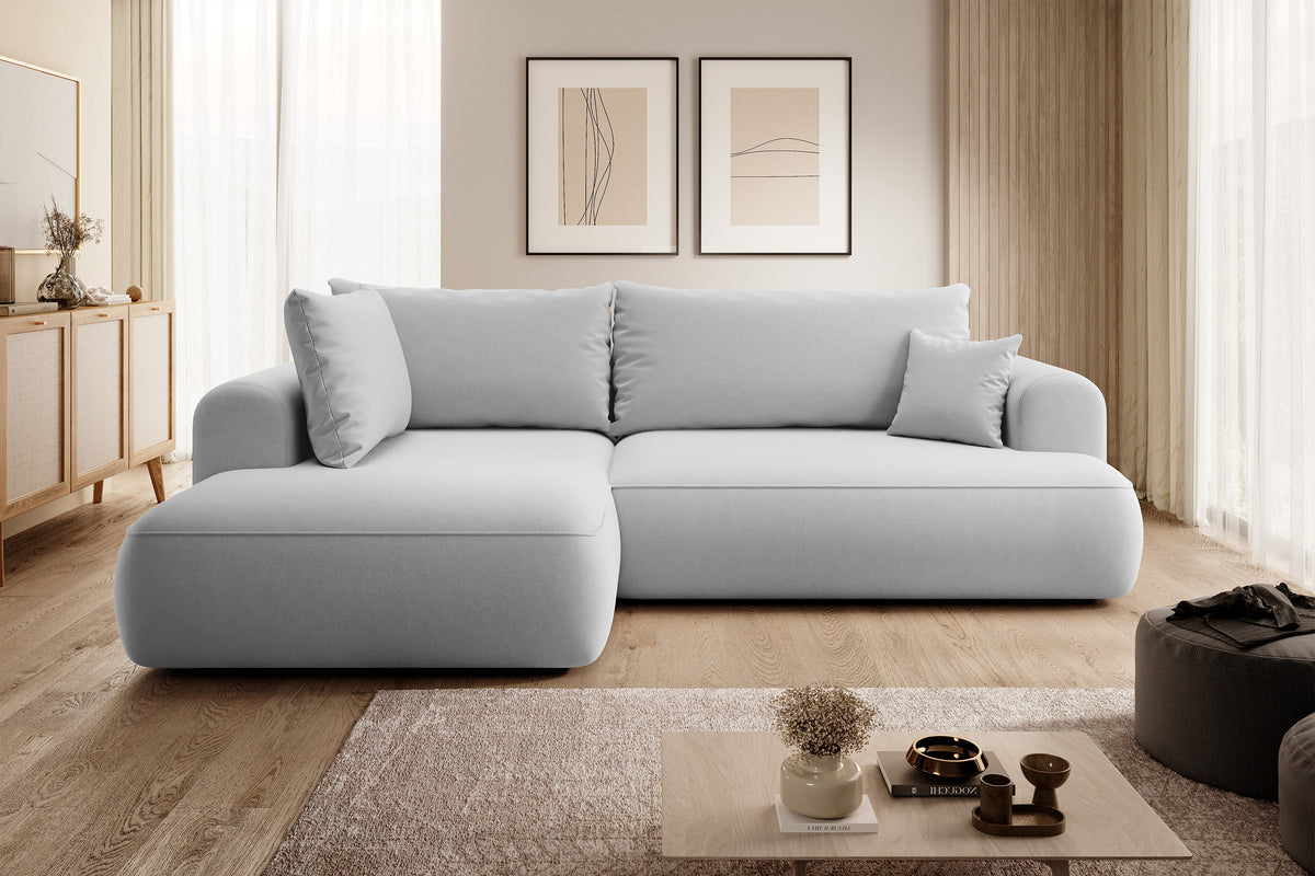 Canapé d'angle avec fonction couchage Ovo en L, accoudoir et coffre de rangement, velours gris facile d'entretien, version gauche