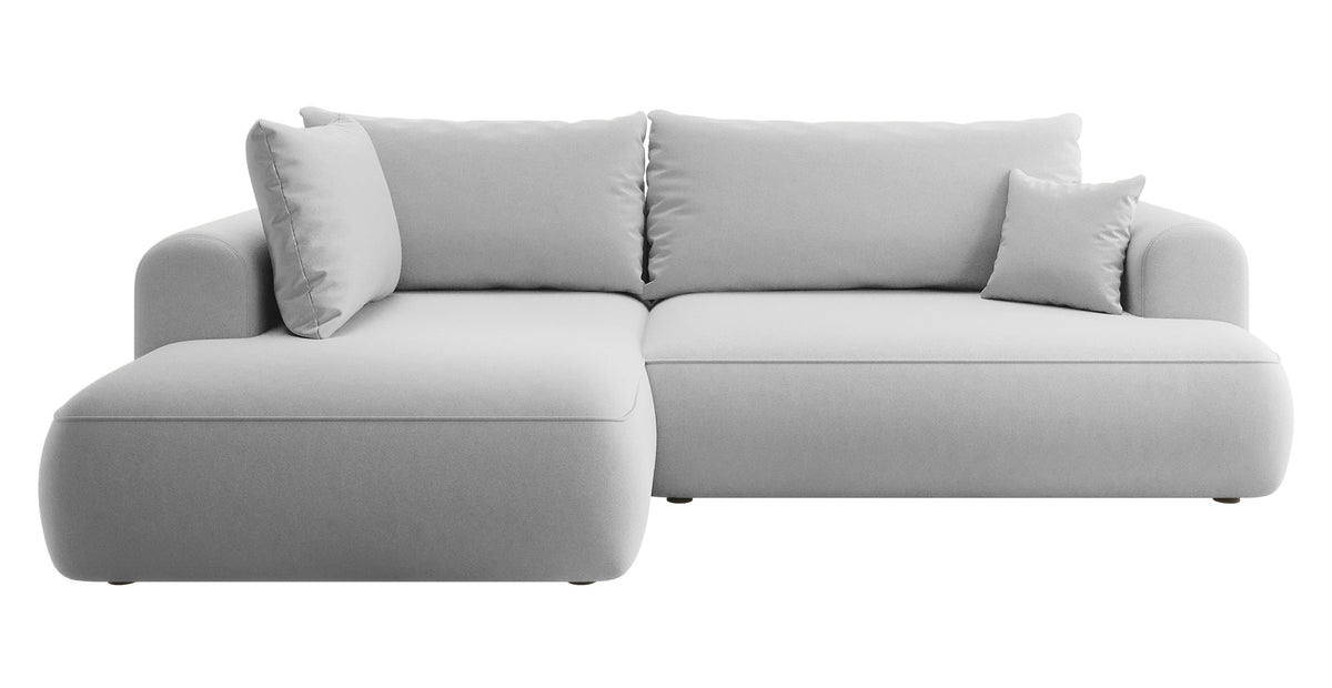 Canapé d'angle avec fonction couchage Ovo en L, accoudoir et coffre de rangement, velours gris facile d'entretien, version gauche