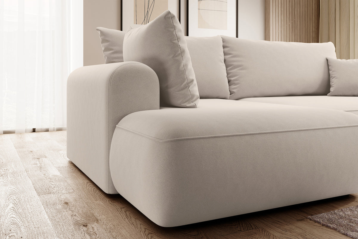 Ecksofa mit Schlaffunktion Ovo, L-förmig, mit Armlehne und Stauraum, hellbeiger, pflegeleichter Velours, linksseitig