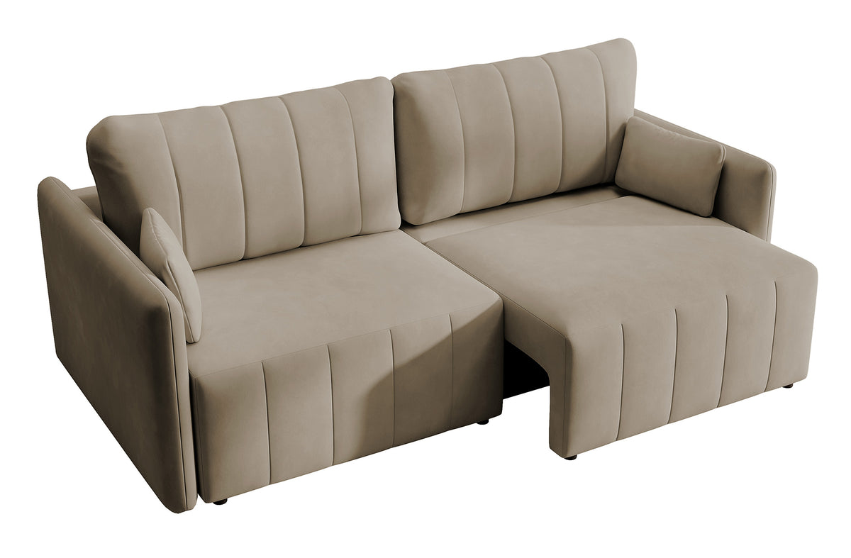 Canapé d'angle convertible Pierra avec coffre, velours beige hydrofuge