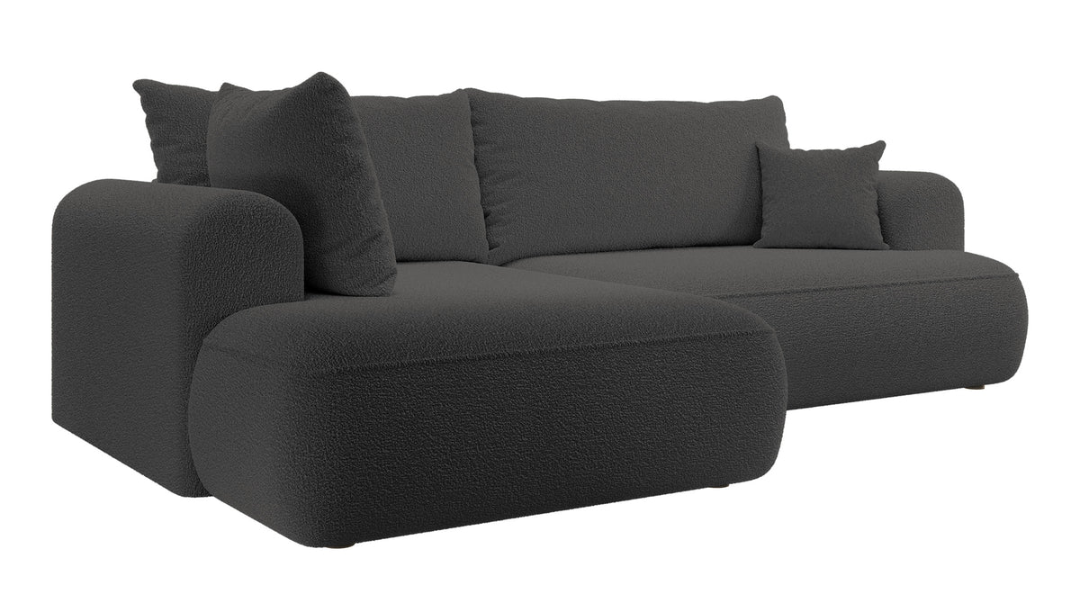 Canapé d'angle avec fonction couchage Ovo en L, accoudoir et coffre de rangement, boucle gris foncé, côté gauche