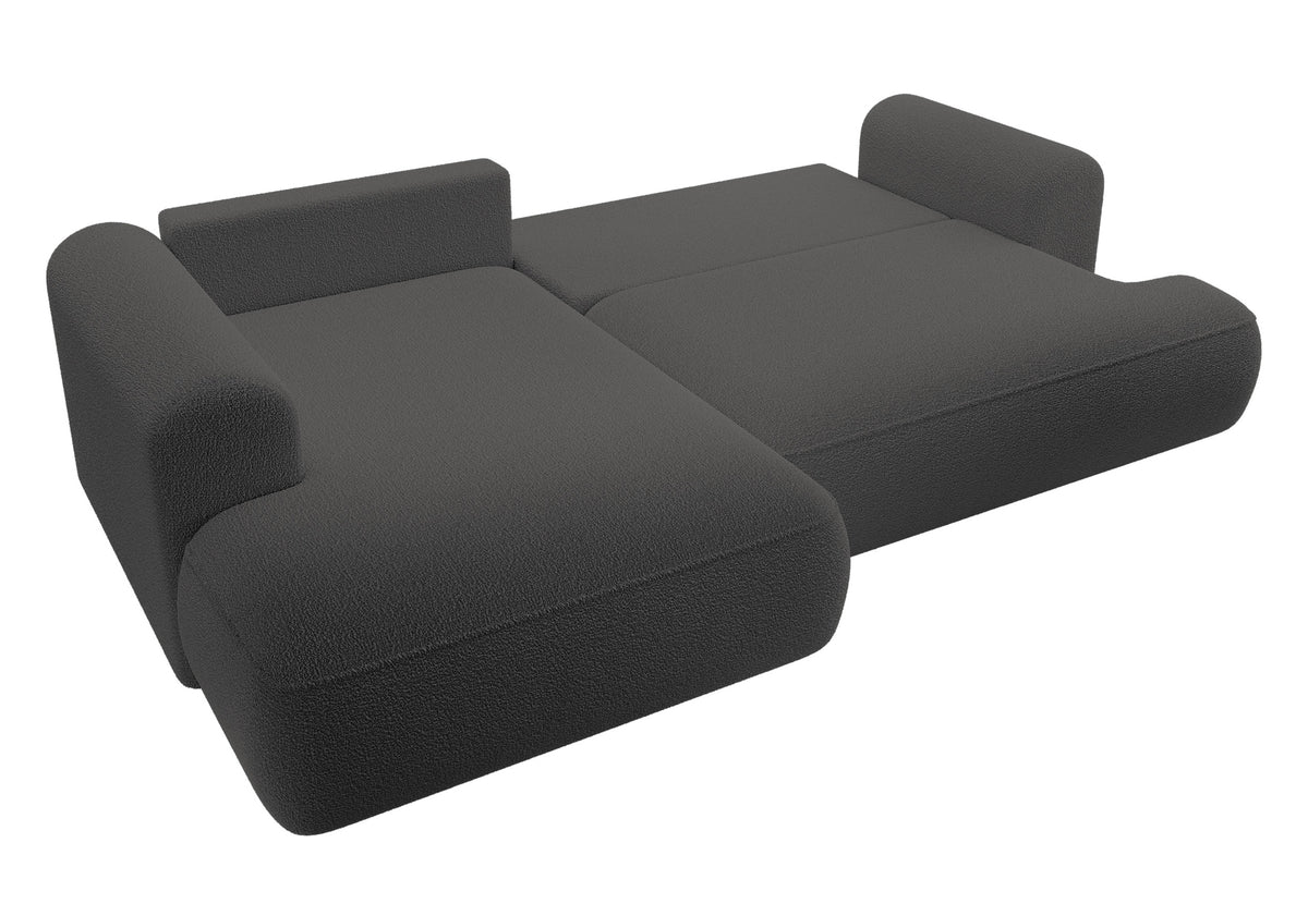 Canapé d'angle avec fonction couchage Ovo en L, accoudoir et coffre de rangement, boucle gris foncé, côté gauche