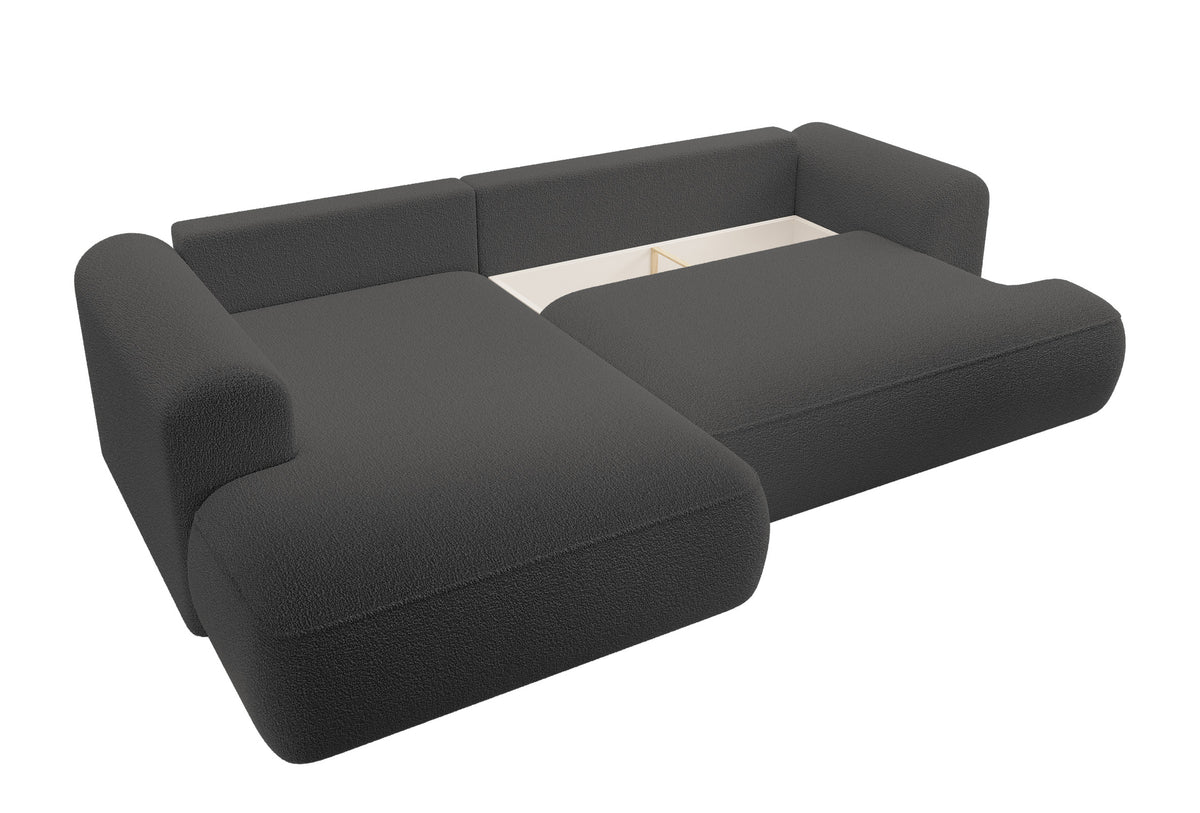 Canapé d'angle avec fonction couchage Ovo en L, accoudoir et coffre de rangement, boucle gris foncé, côté gauche