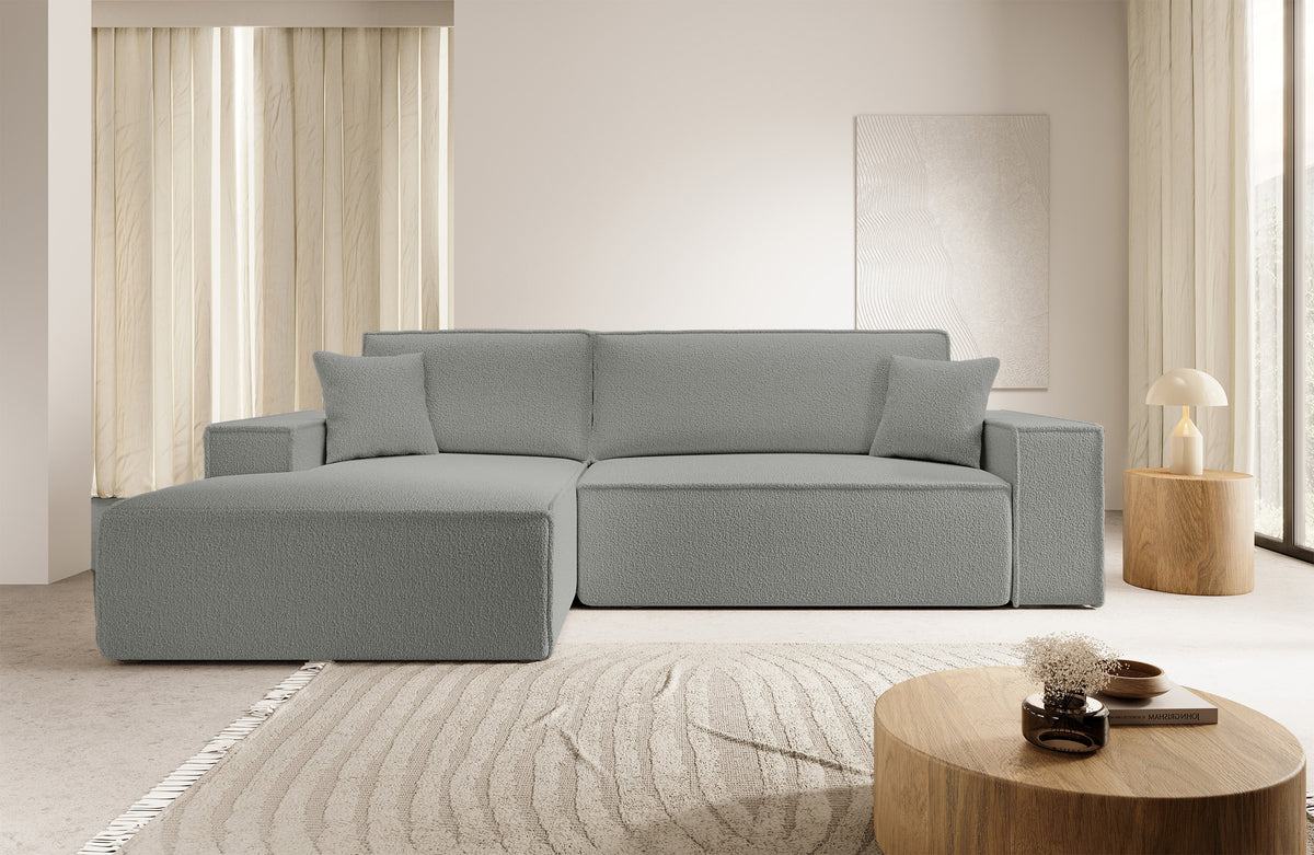 Canapé d’angle avec fonction couchage Farese New en boucle gris, rangement, version gauche