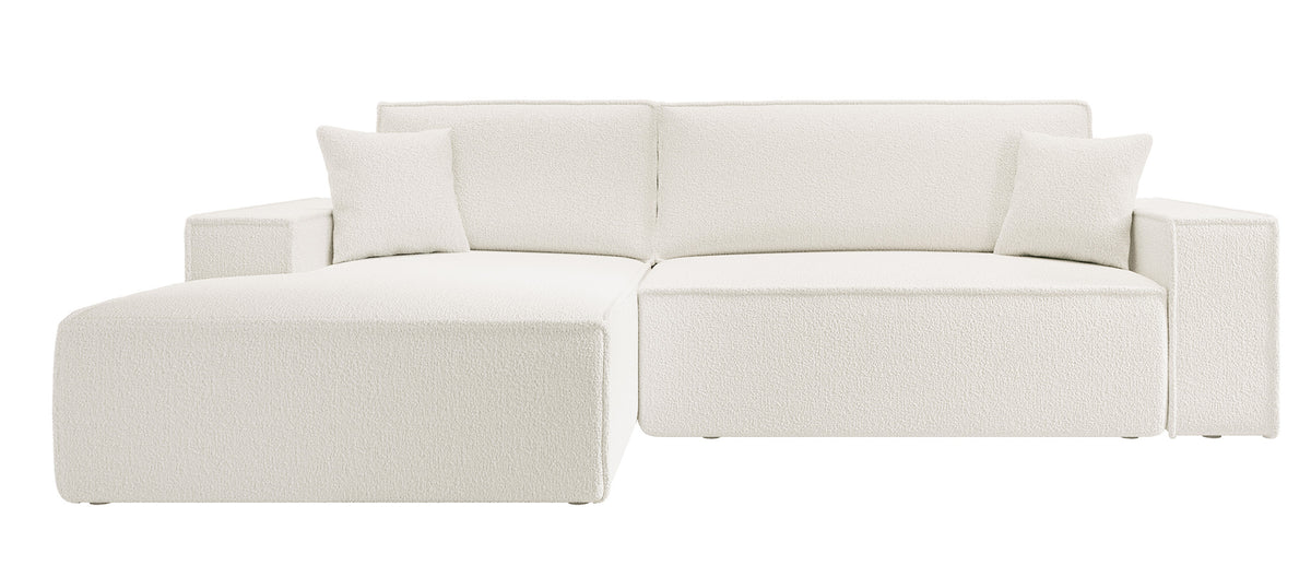 Ecksofa mit Schlaffunktion Farese New, L-förmig, mit Stauraum, cremefarbenes Bouclé, linksseitig