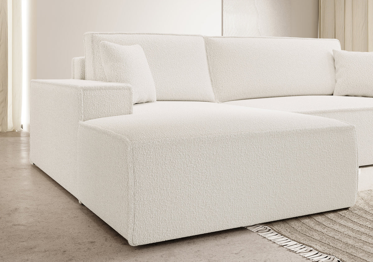 Ecksofa mit Schlaffunktion Farese New, L-förmig, mit Stauraum, cremefarbenes Bouclé, linksseitig