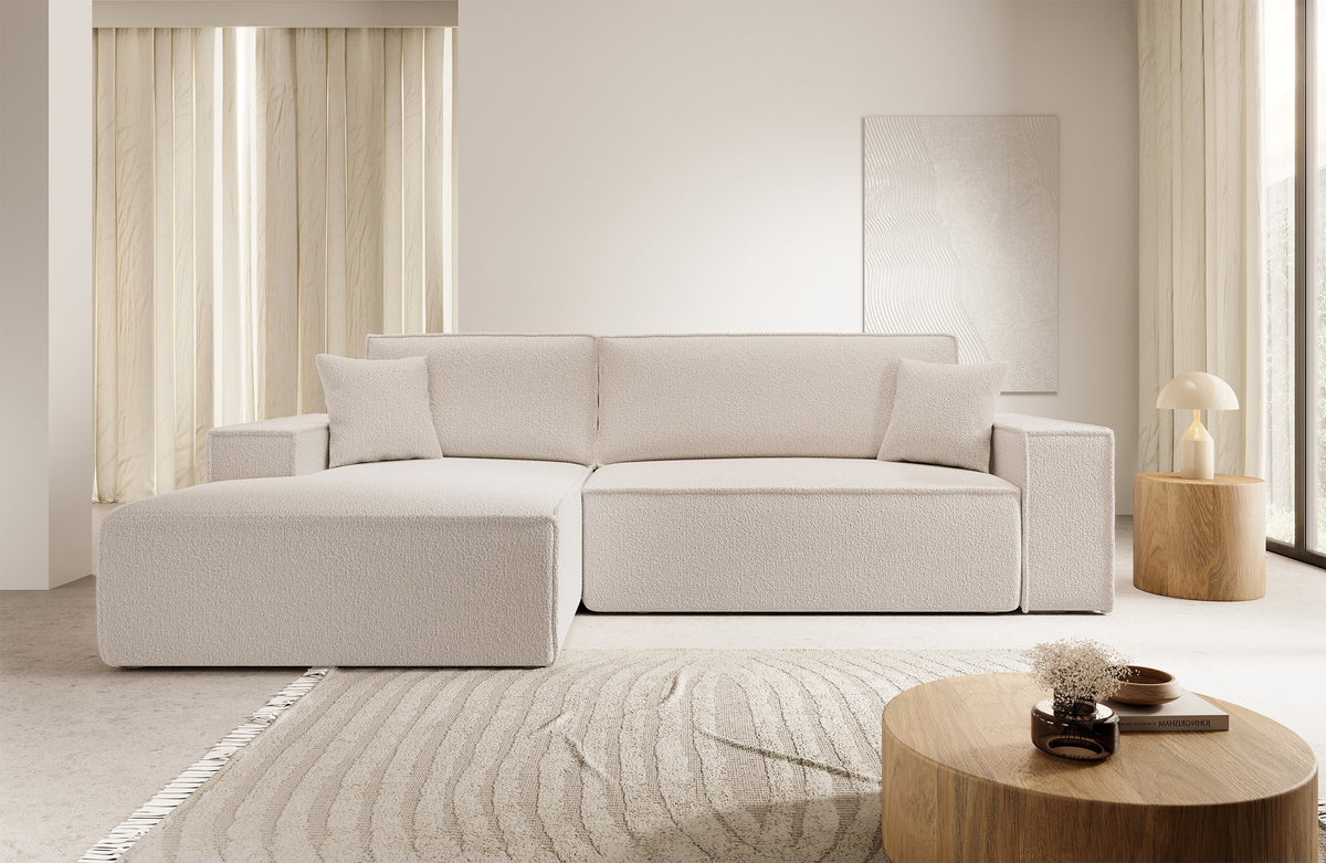 Canapé d'angle avec fonction couchage Farese New en L avec rangement, bouclé beige, côté gauche