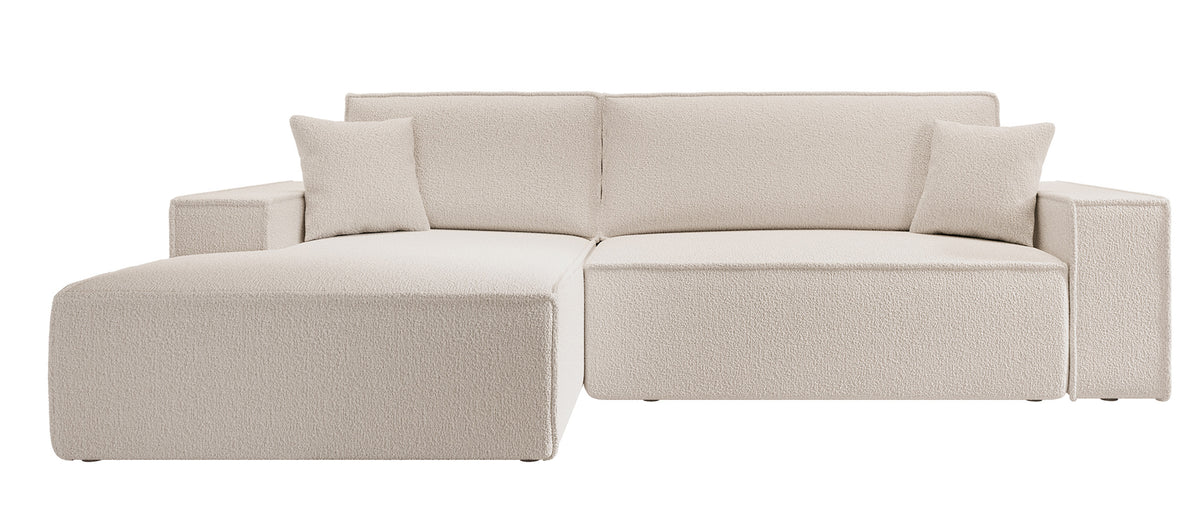 Canapé d'angle avec fonction couchage Farese New en L avec rangement, bouclé beige, côté gauche