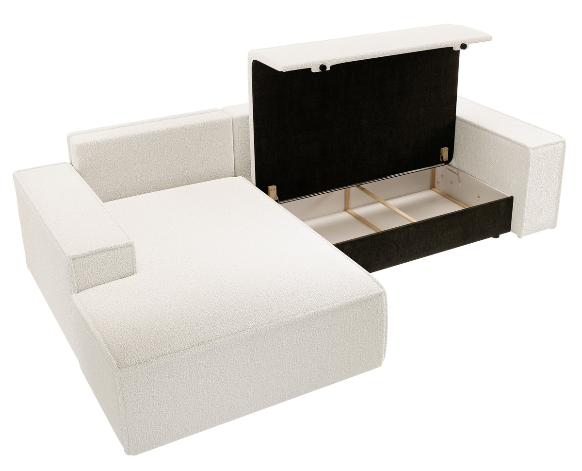 Ecksofa mit Schlaffunktion Farese New, L-förmig, mit Stauraum, cremefarbenes Bouclé, linksseitig