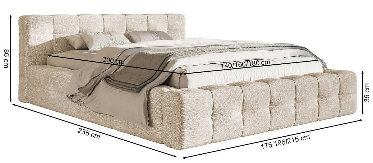 Gepolstertes Bett Puffly 140x200 cm mit Stauraum, Metallrahmen schwarz, Chenille