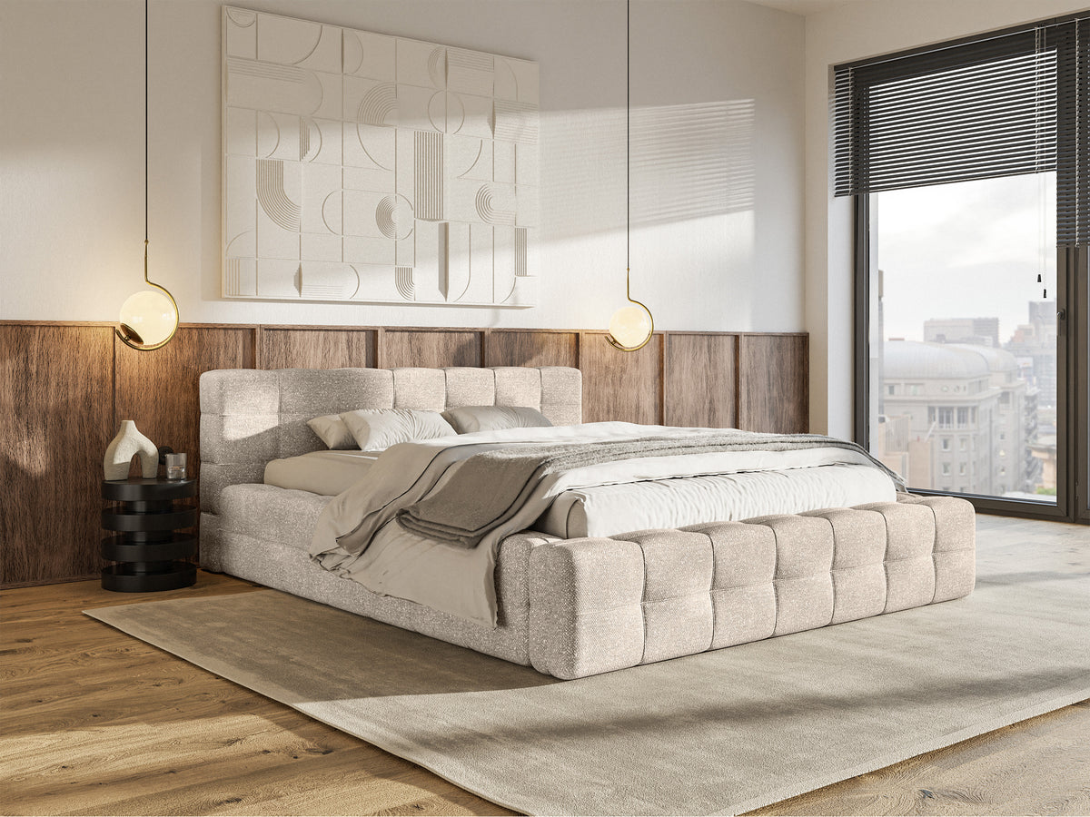 Lit tapissé Puffly 180x200 cm avec rangement, cadre métallique, chenille beige