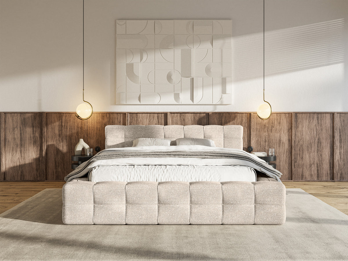 Lit tapissé Puffly 180x200 cm avec rangement, cadre métallique, chenille beige