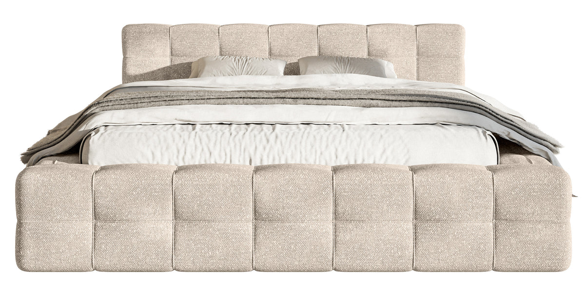 Gepolstertes Bett Puffly 140x200 cm mit Stauraum, Metallrahmen, beiger Chenille-Stoff