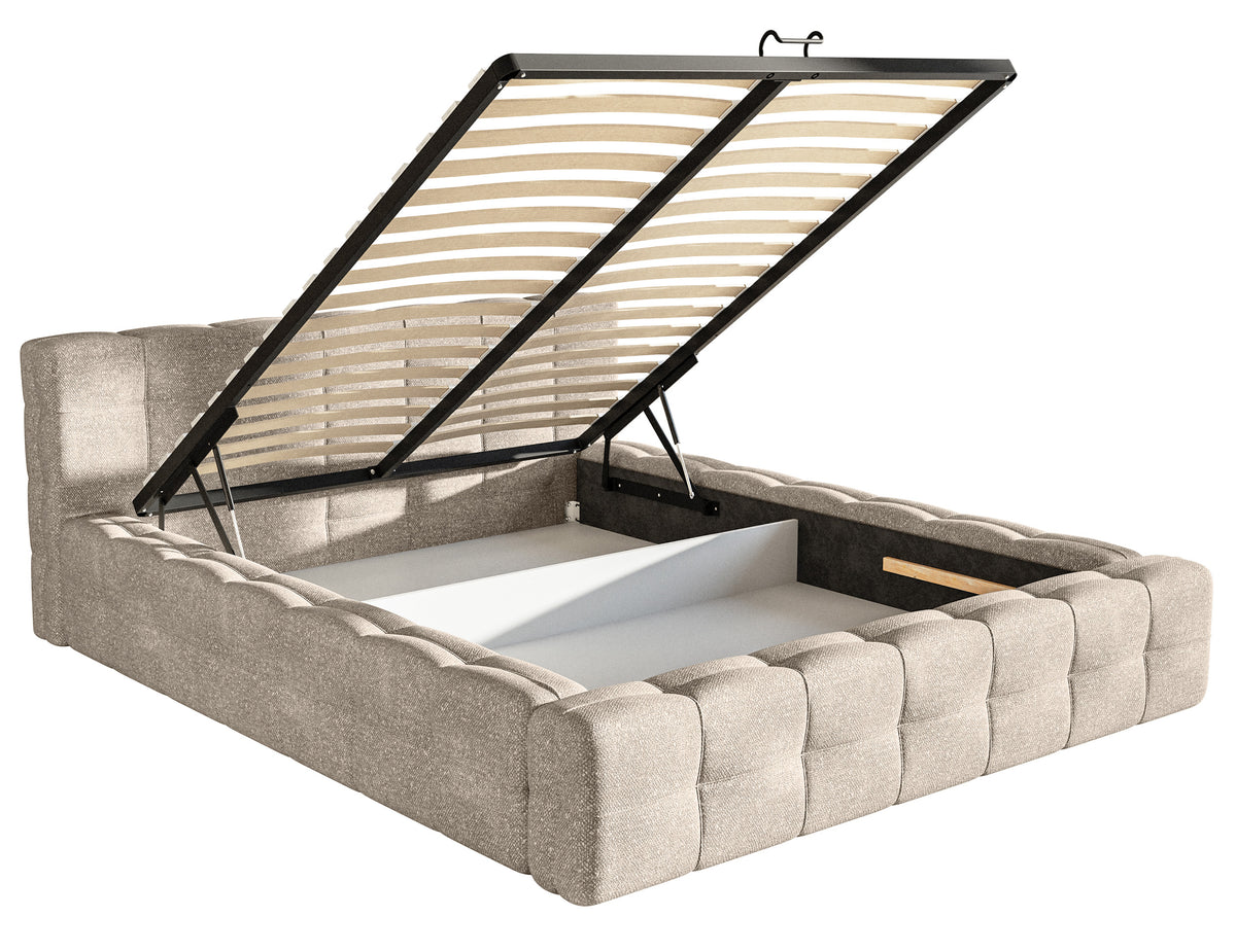 Lit tapissé Puffly 160x200 cm avec rangement, cadre métallique, tissu chenille beige
