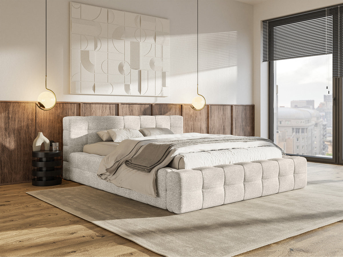 Polsterbett Puffly 180x200 cm mit Stauraum, Metallrahmen, cremefarbener Chenillestoff