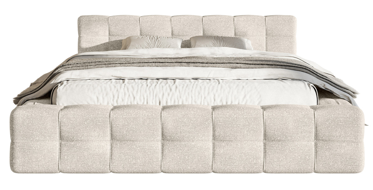 Lit tapissé Puffly 160x200 cm avec rangement, cadre métallique, velours chenille crème