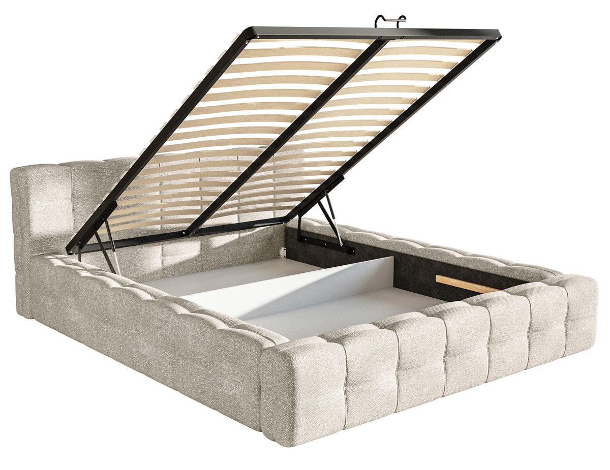 Lit tapissé Puffly 160x200 cm avec rangement, cadre métallique, velours chenille crème