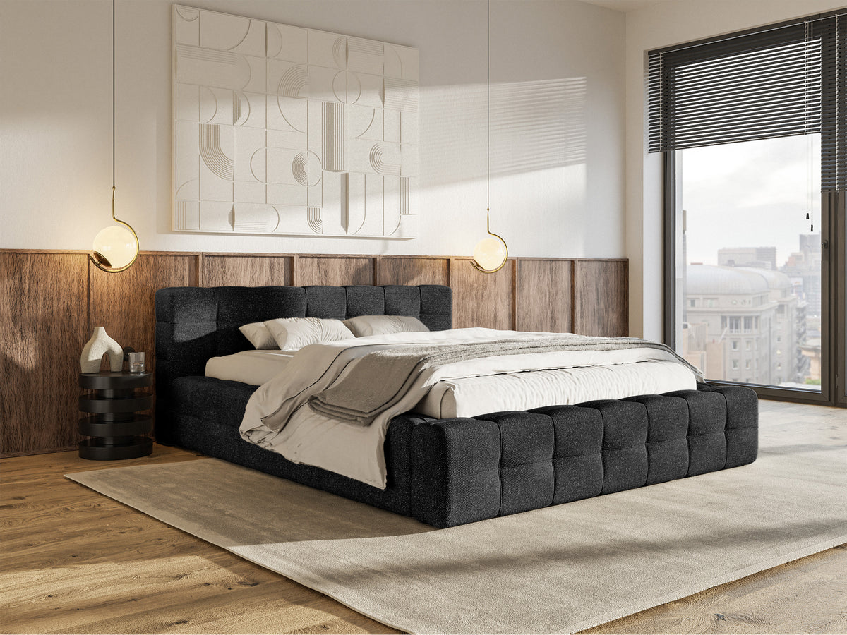 Gepolstertes Bett Puffly 140x200 cm mit Stauraum, Metallrahmen schwarz, Chenille