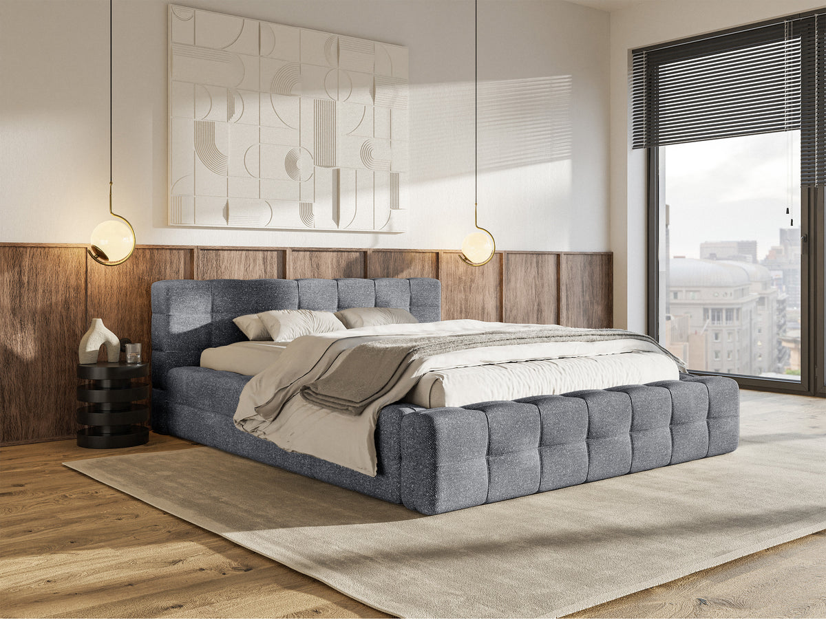 Polsterbett Puffly 140x200 cm mit Stauraum, Metallrahmen, dunkelgrauer Chenille-Stoff