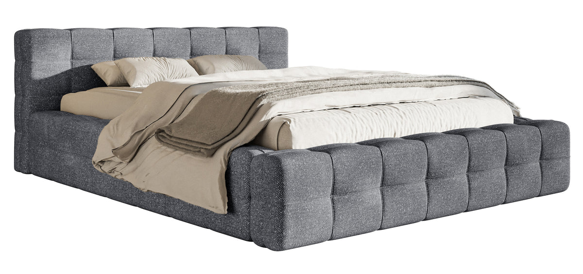 Polsterbett Puffly 140x200 cm mit Stauraum, Metallrahmen, dunkelgrauer Chenille-Stoff