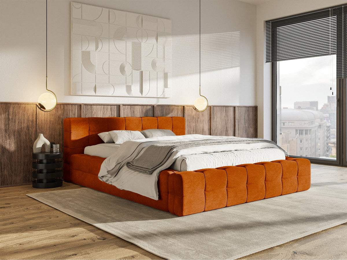 Lit tapissé Puffly 180x200 cm avec rangement, cadre métallique cuivre, velours