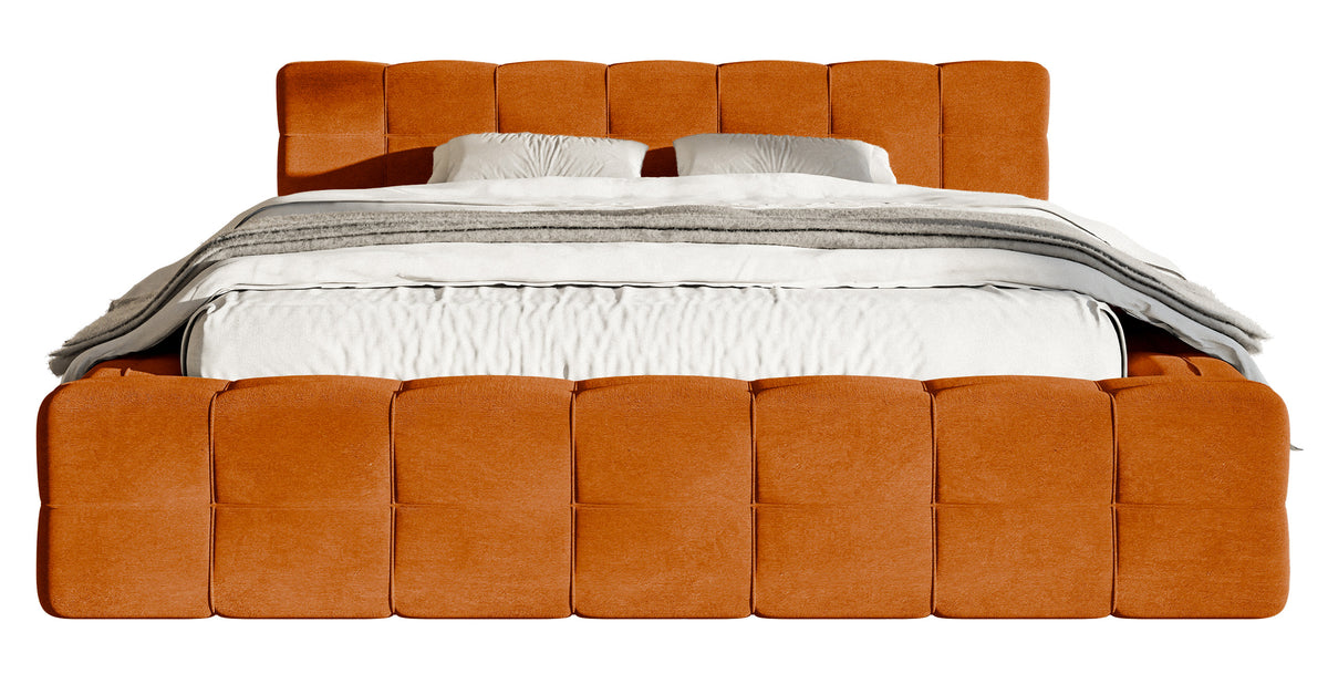 Gepolstertes Bett Puffly 160x200 cm mit Stauraum, Metallrahmen, kupferfarbener Samt
