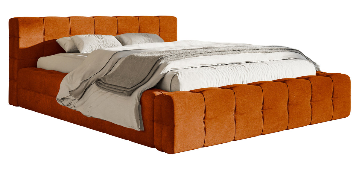 Lit tapissé Puffly 180x200 cm avec rangement, cadre métallique cuivre, velours