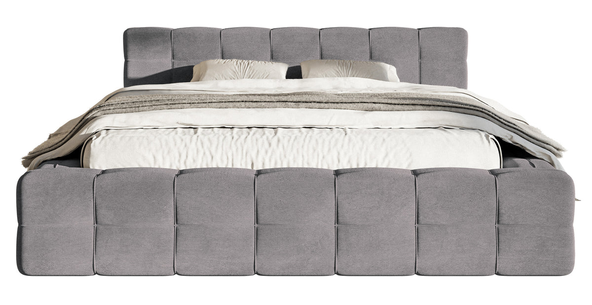 Gepolstertes Bett Puffly 160x200 cm mit Stauraum, Metallrahmen, grauer Samt