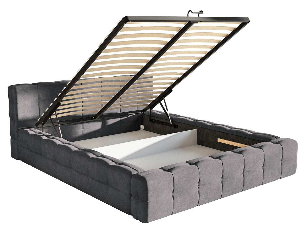 Gepolstertes Bett Puffly 160x200 cm mit Stauraum, Metallrahmen, grauer Samt