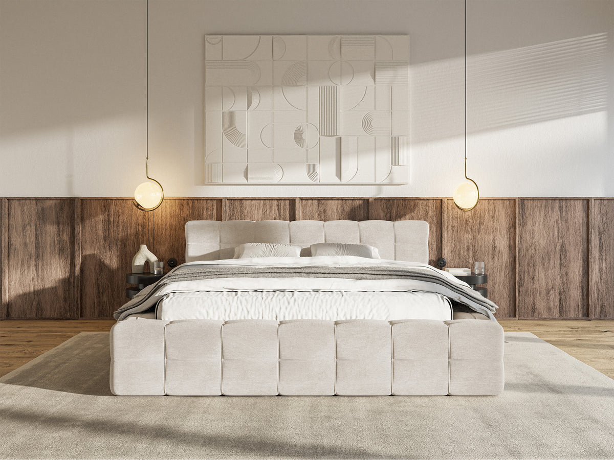 Gepolstertes Bett Puffly 160x200 cm mit Stauraum, Metallrahmen, grau-beiger Samt