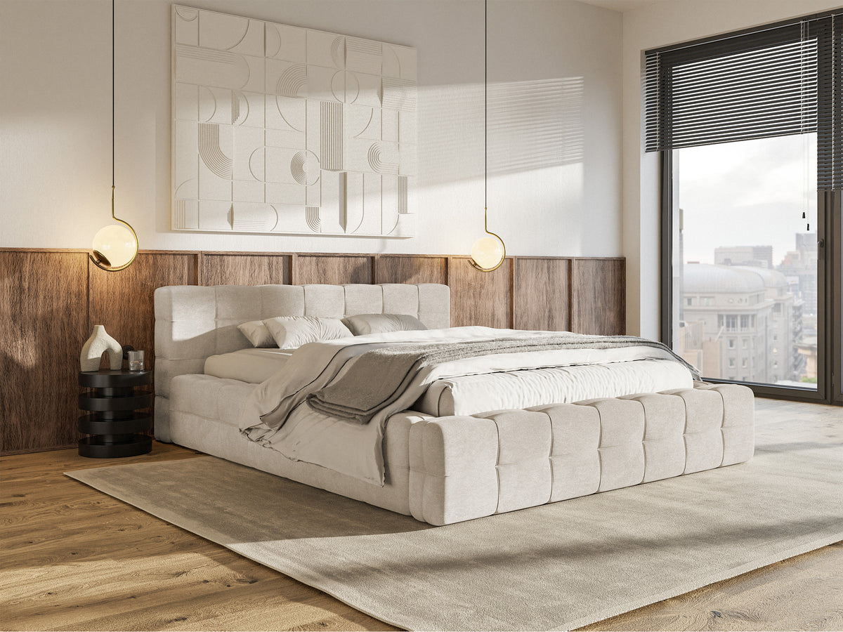 Gepolstertes Bett Puffly 160x200 cm mit Stauraum, Metallrahmen, grau-beiger Samt